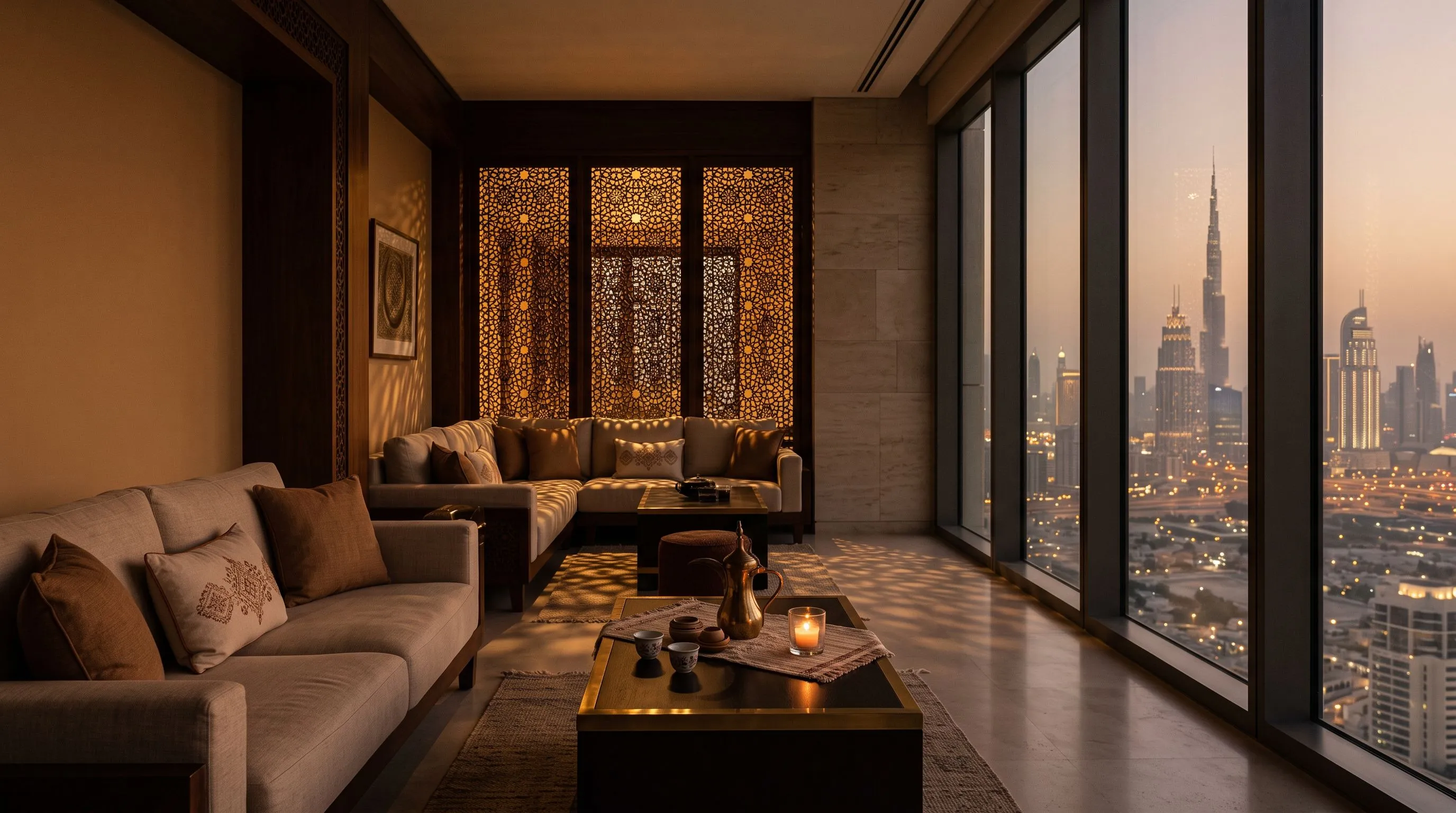 Eleganckie wnętrze majlis w Dubaju o zmierzchu, cień mashrabiya