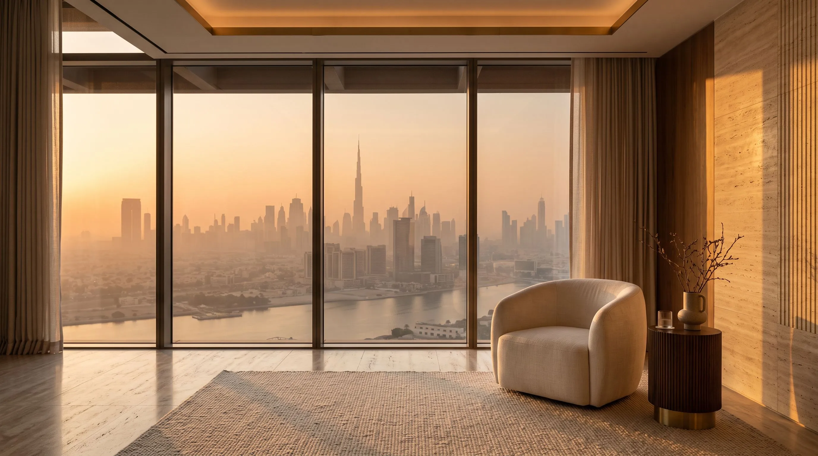 Minimalistyczne wnętrze penthouse'u w Dubaju o złotej godzinie