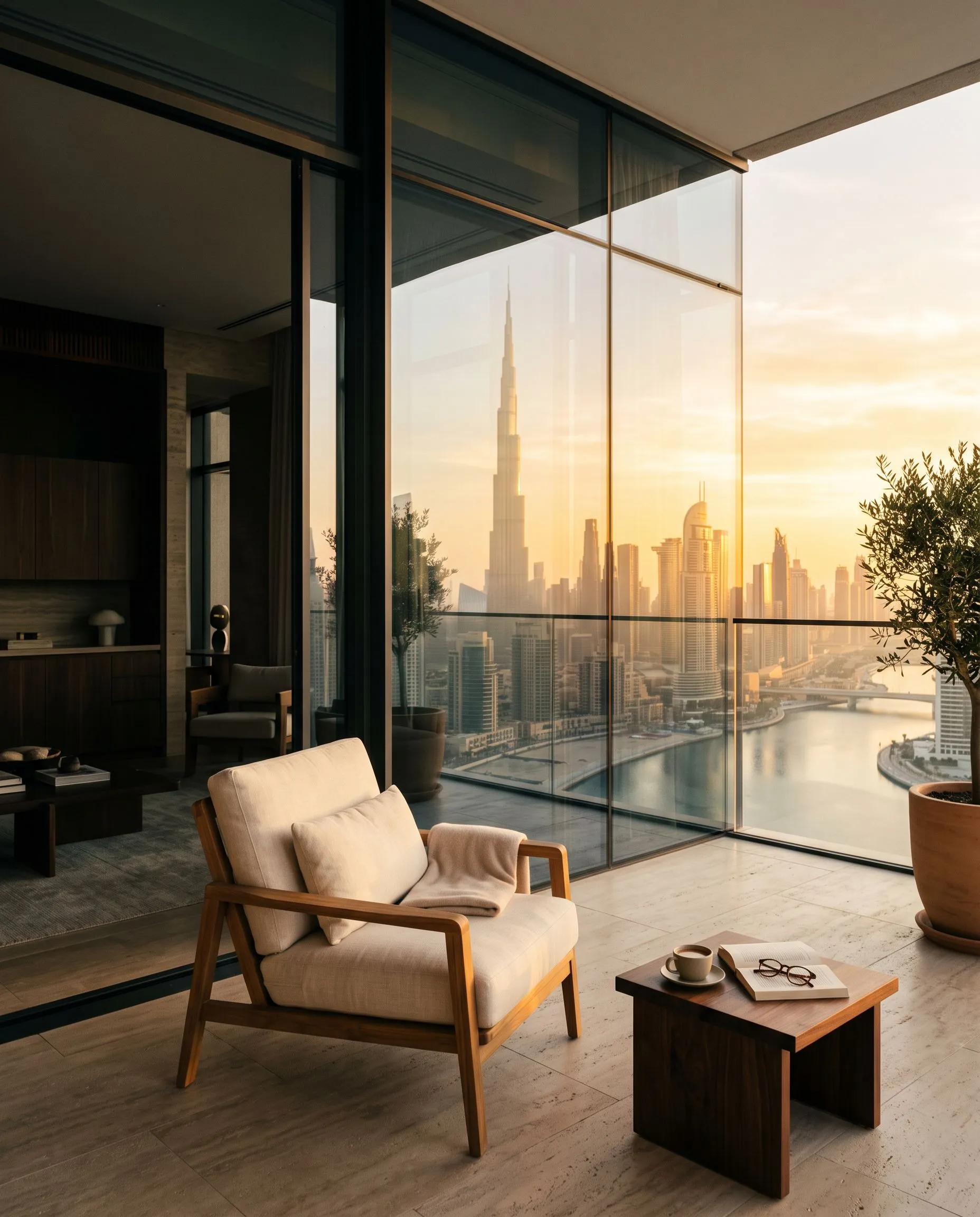 Taras penthouse'u w Dubaju o świcie z widokiem na Burj Khalifa