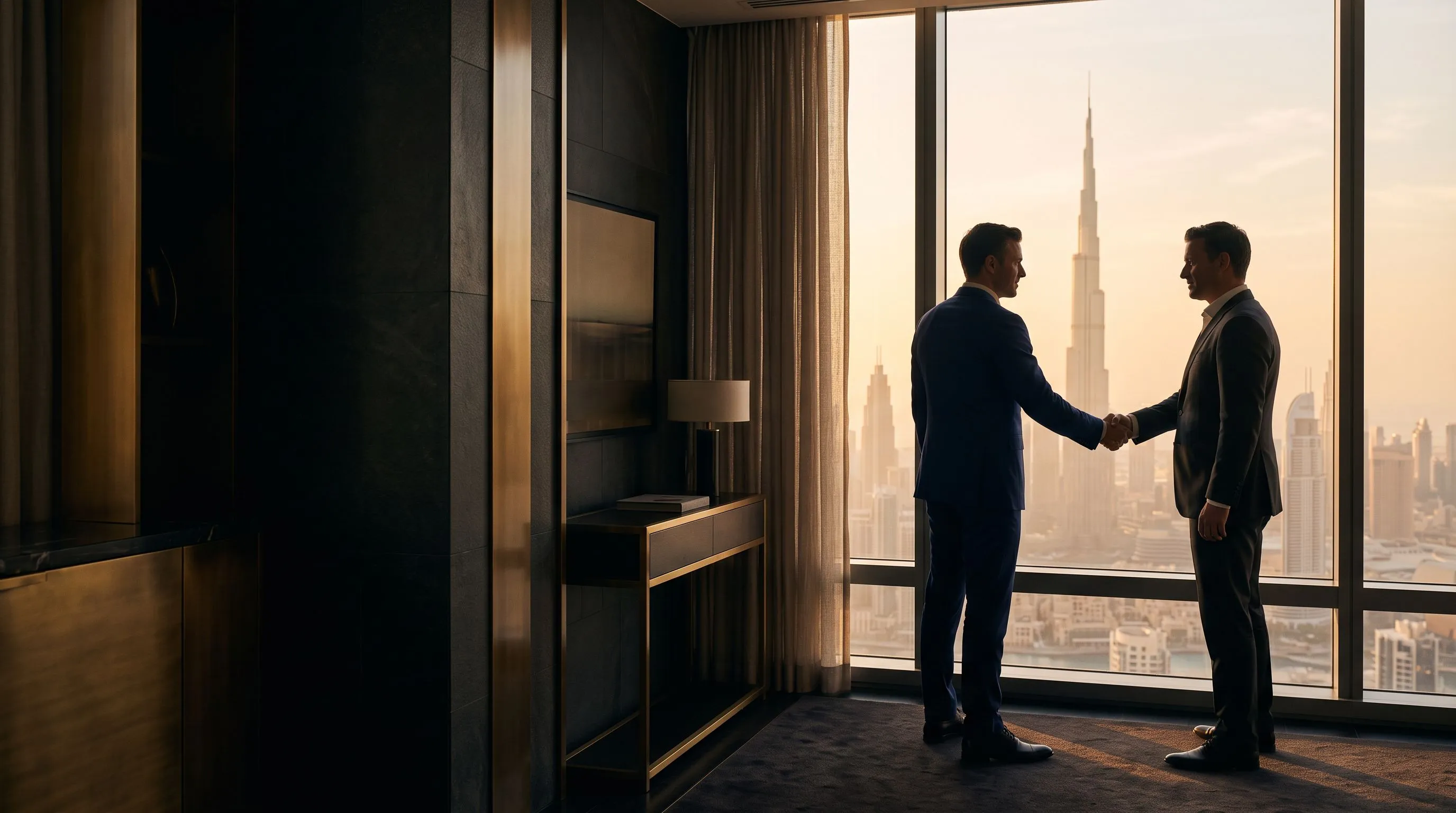 Dwóch doradców ARHALI rozmawia przy oknie z panoramą Dubaju o zmierzchu