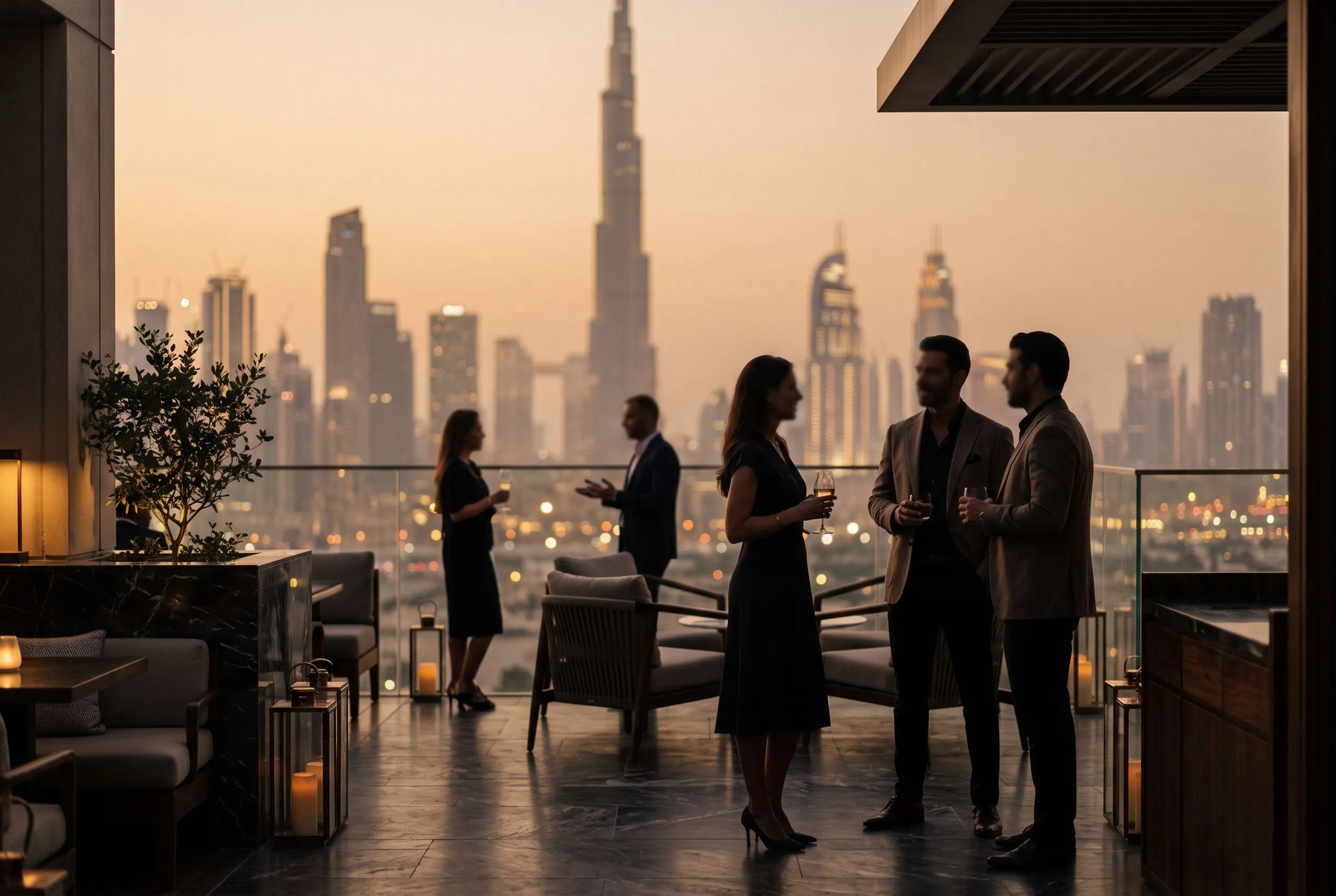 Eleganckie spotkanie ekspertów na tarasie z panoramą Dubaju o zmierzchu