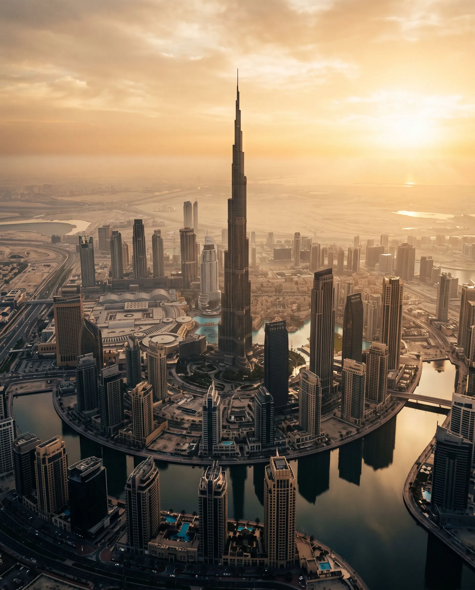 Panorama Dubaju o świcie z lotu ptaka