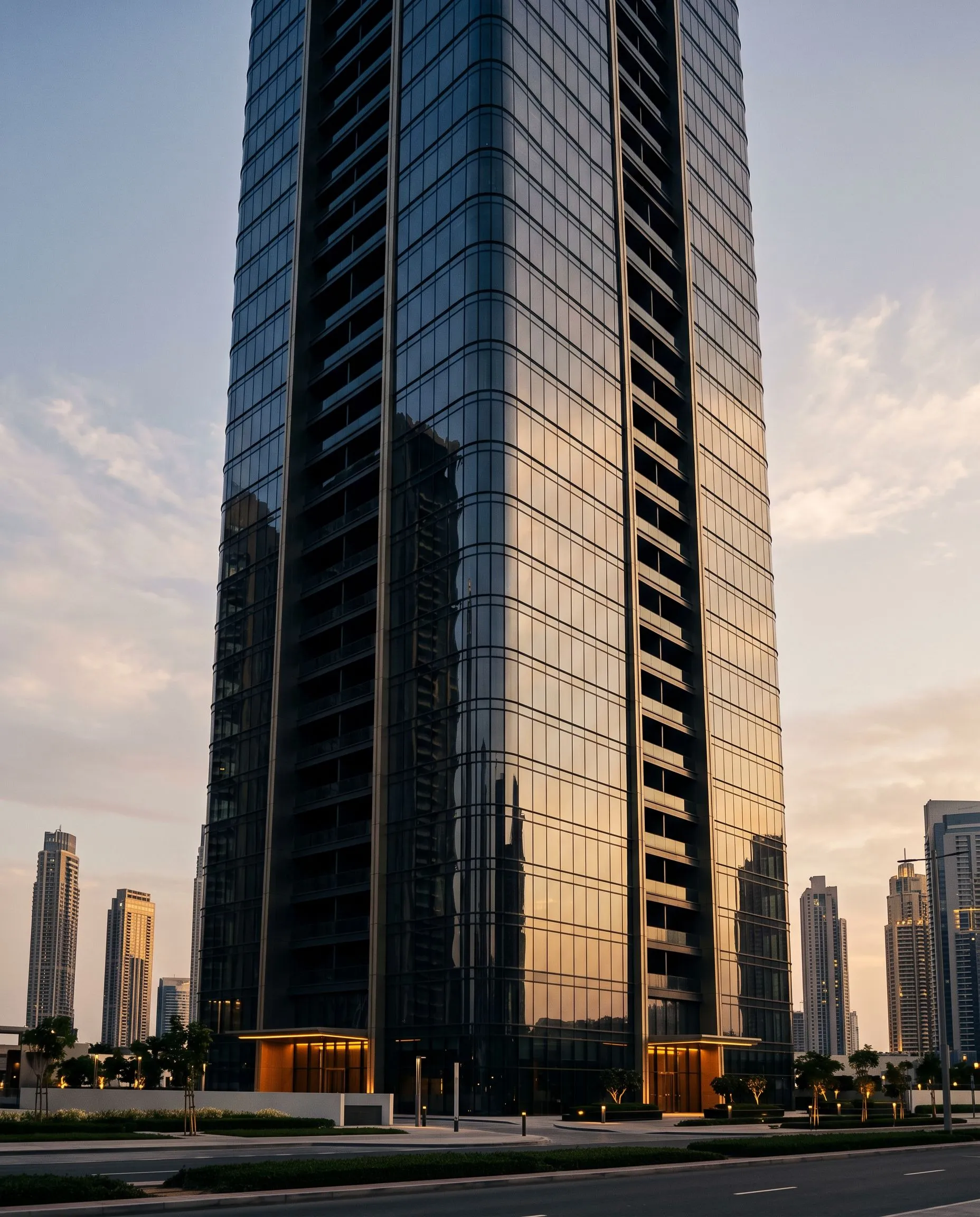 Nowa luksusowa wieża w Dubaju o zmierzchu
